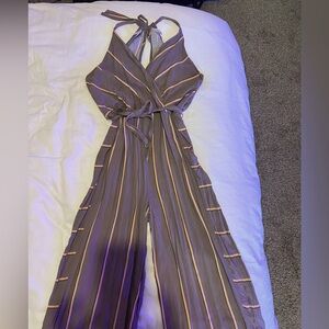 Sleeveless Gray Romper with Black and Gold Stripes